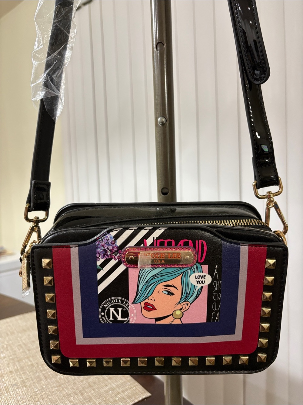 Nicole Lee Black Crossbody with Pink, Blue & Purple Graphic Panel